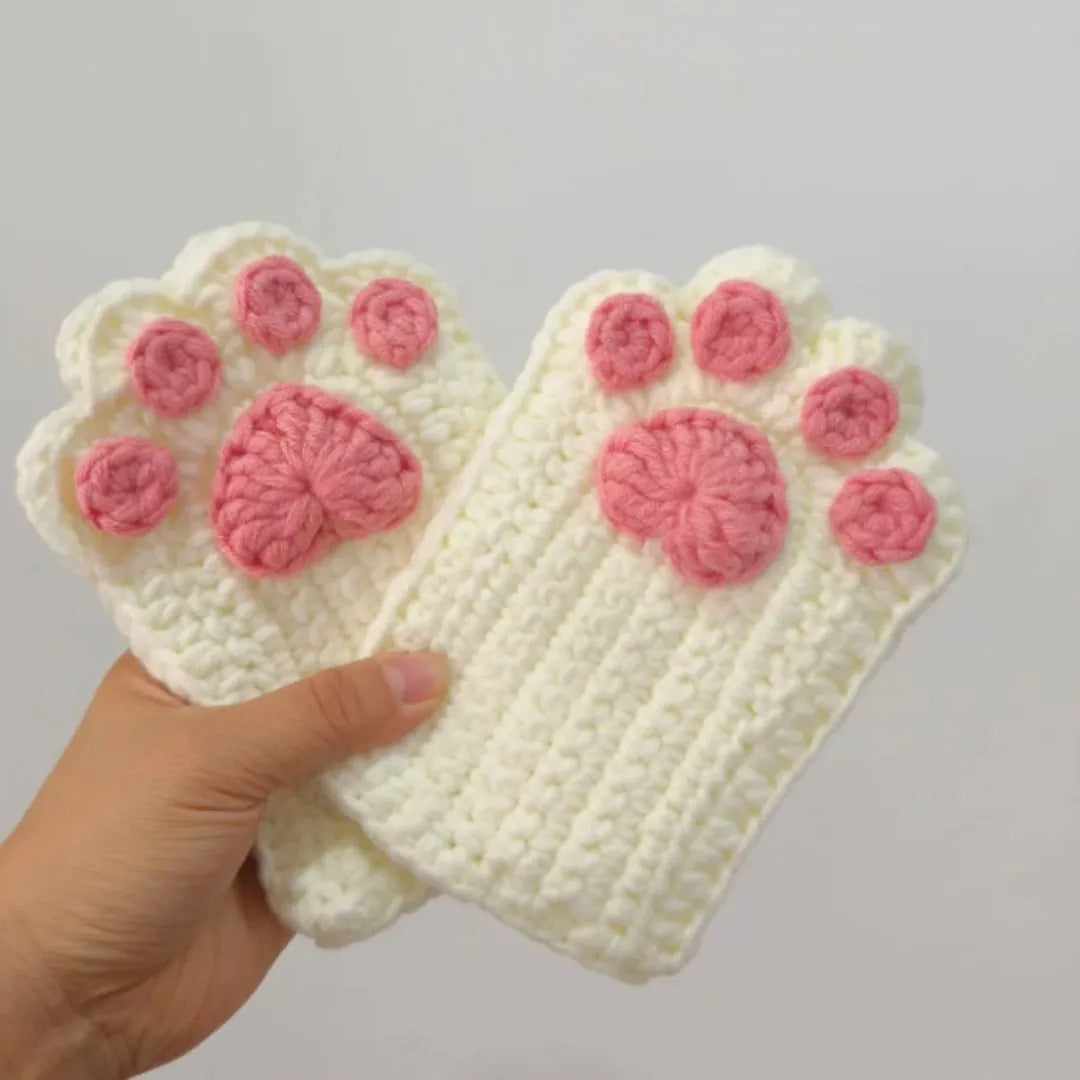Cream crochet gloves with pink paw pads